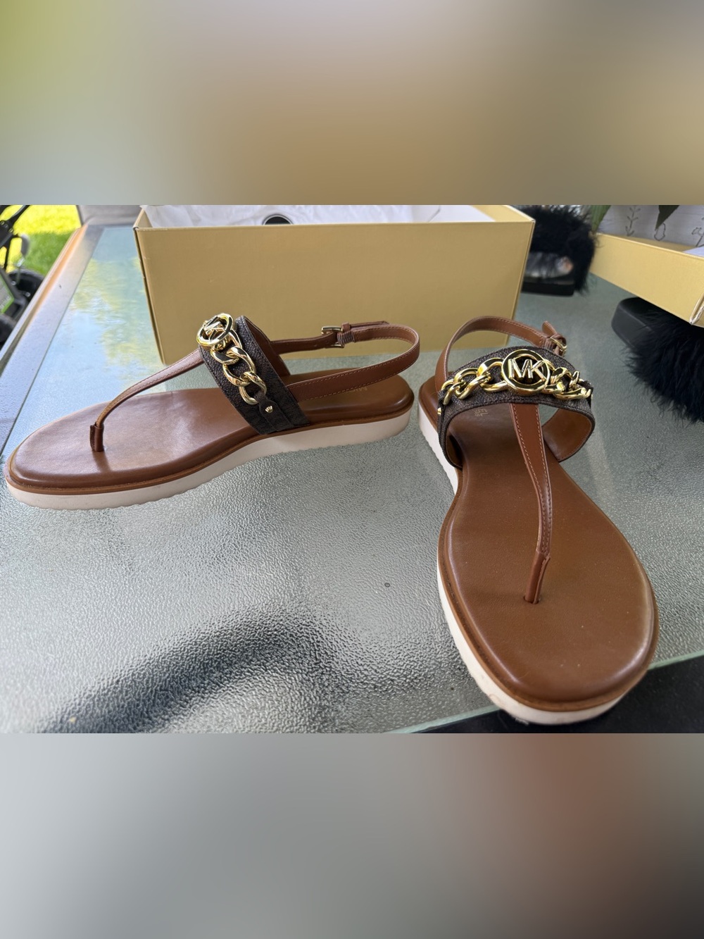 Michael Kors Brown Leather Platform Thong Sandals with Gold Chain Accent